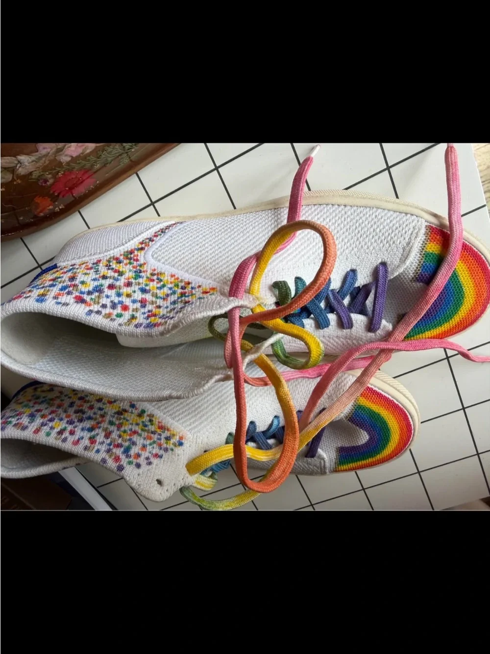 Rothy's White High-Top Sneakers with Rainbow Toe and Multicolor Laces Size10